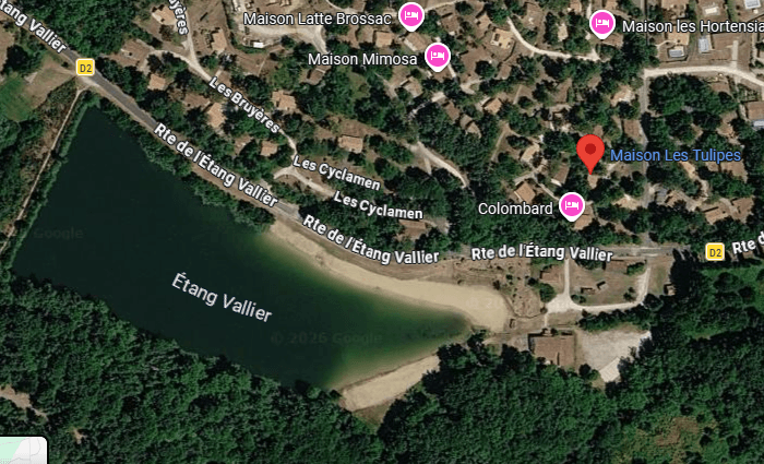 Vue satellite du Village Vacances de l'Étang Vallier avec le repère sur Maison Les Tulipes